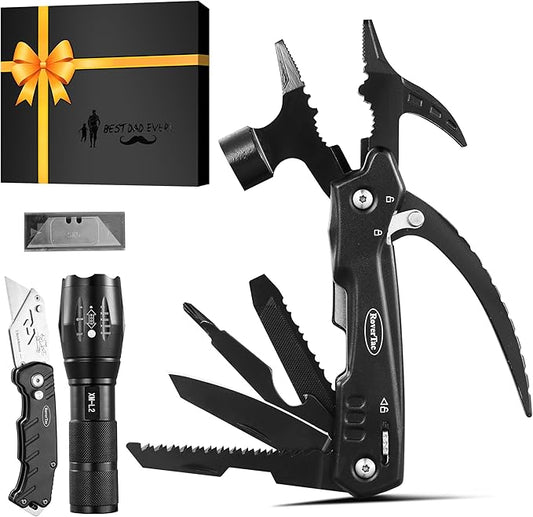 Dad Tool Gift Set, 12-in-1 Multitool Hammer, Flashlight & Utility Knife in a Gift Box with "BEST DAD EVER", Unique & Practical Gift for Dad on Father’s Day, Birthday, Christmas & Retirement