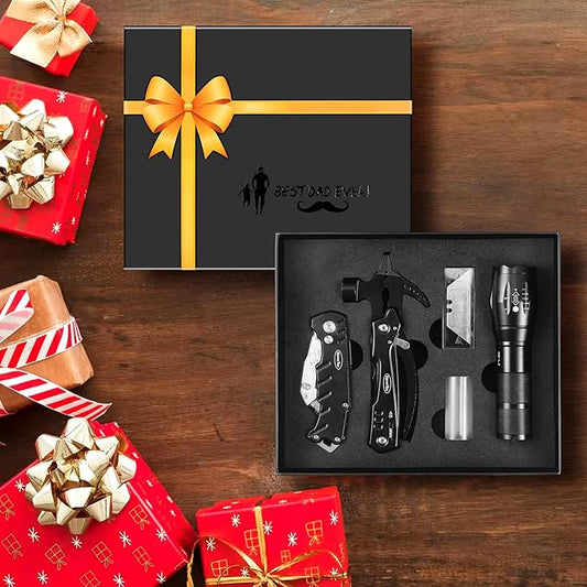 Dad Tool Gift Set, 12-in-1 Multitool Hammer, Flashlight & Utility Knife in a Gift Box with "BEST DAD EVER", Unique & Practical Gift for Dad on Father’s Day, Birthday, Christmas & Retirement